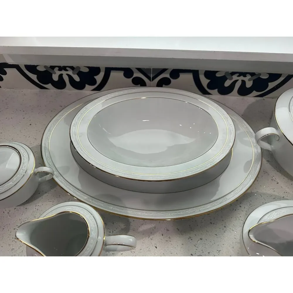 6 piece Noritake White Scapes Sugar/Creamer,Gravy Boat,Platter & Serving Bowl